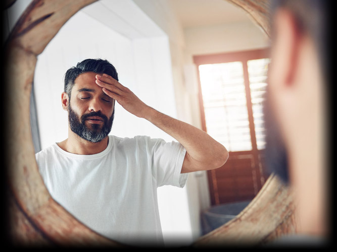 Man Embarrassed As He Looks At Himself in the Mirror